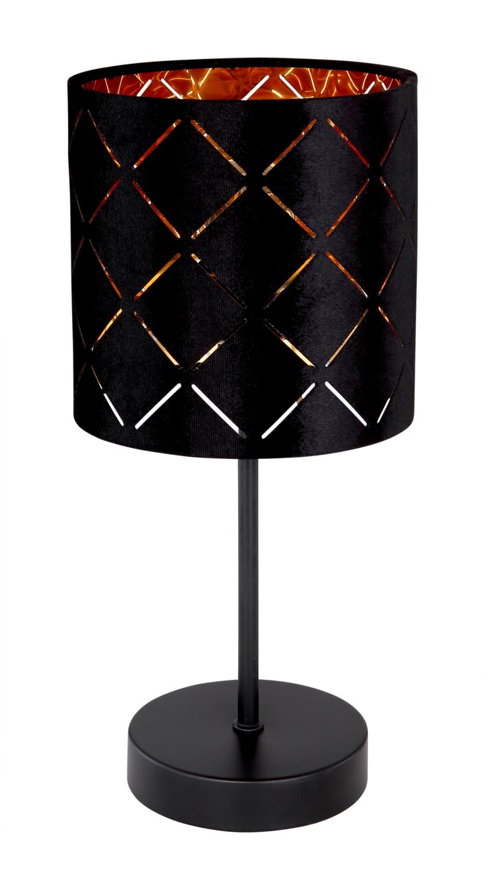 Schwarze Tischleuchte mit geometrischem Muster auf dem Lampenschirm, seitliche Perspektive