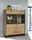 Moderne Highboardvitrine aus Holz mit Glastüren, dekoriert mit Pflanzen und Geschirr, seitliche Perspektive