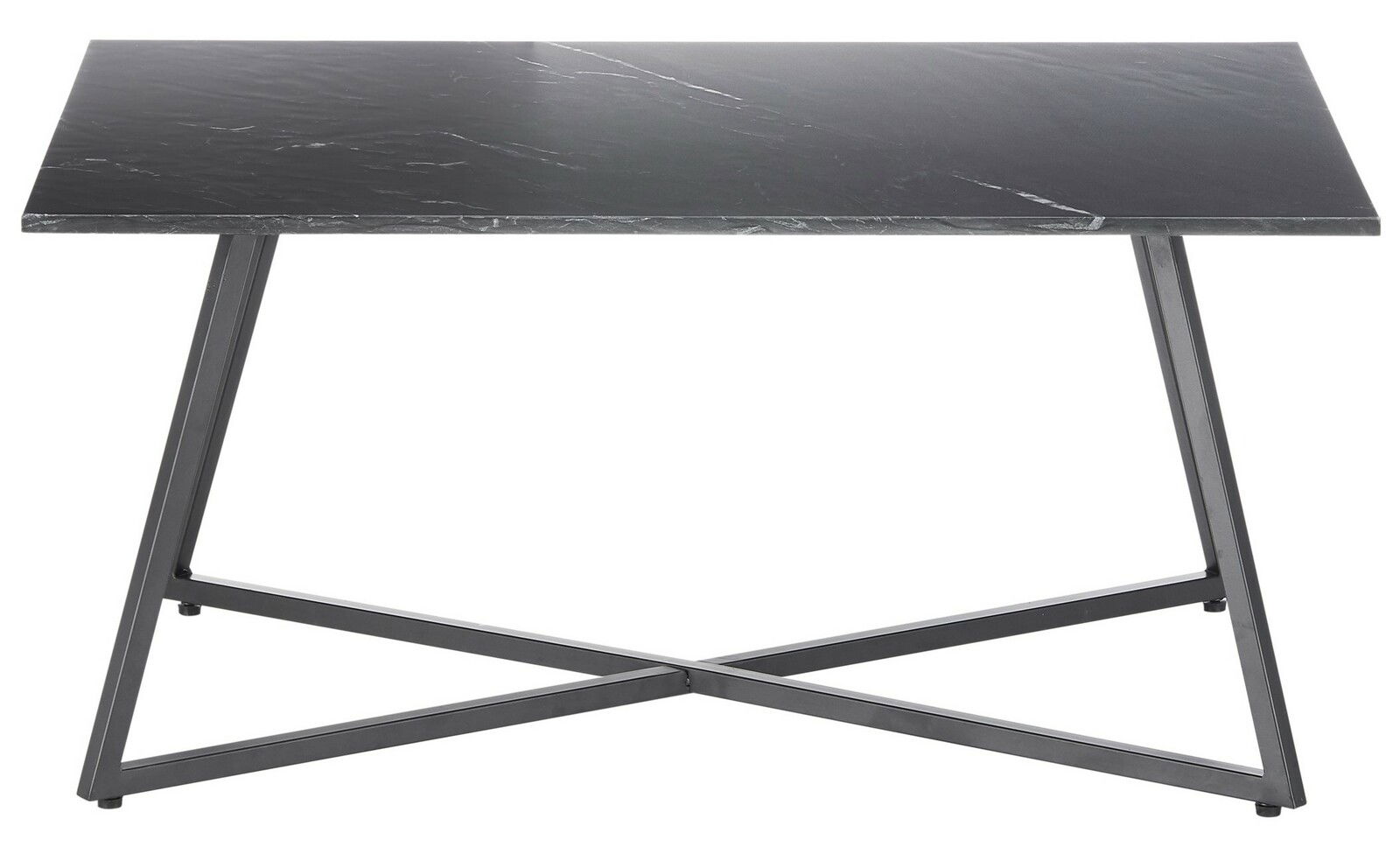 Moderner Couchtisch mit schwarzer Marmoroptik und Metallgestell, seitliche Perspektive