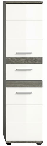 Moderner Standschrank mit weißer Front und grauen Akzenten, frontal abgebildet.