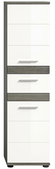 Moderner Standschrank mit weißer Front und grauen Akzenten, frontal abgebildet.