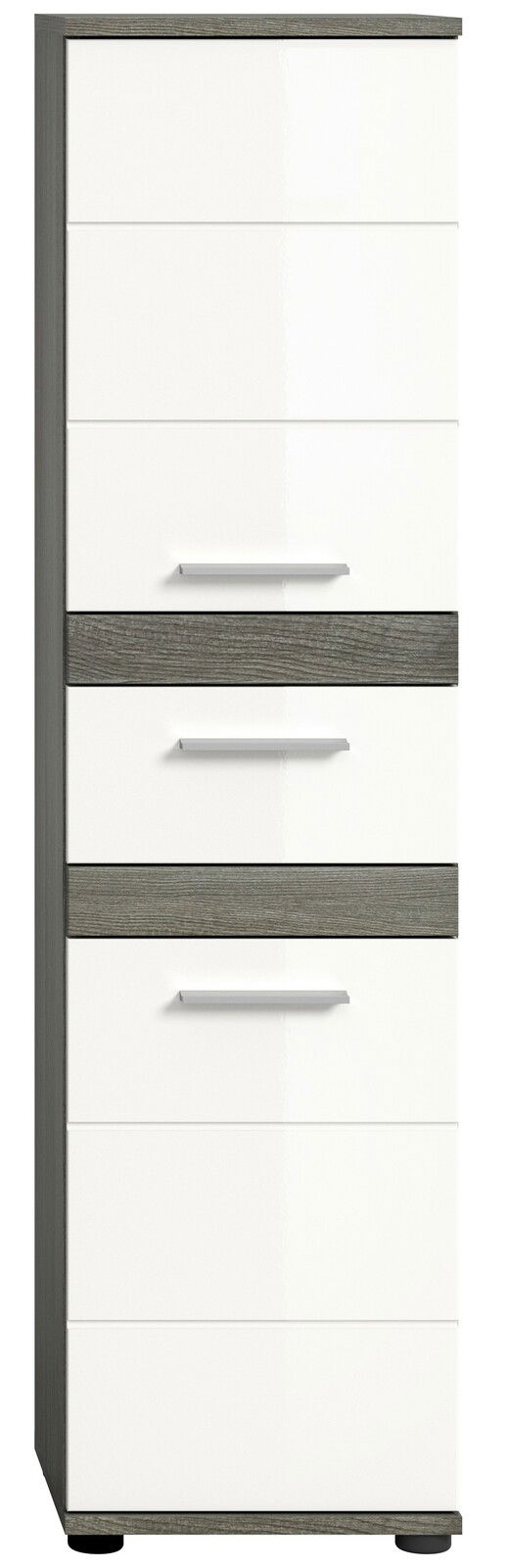 Moderner Standschrank mit weißer Front und grauen Akzenten, frontal abgebildet.