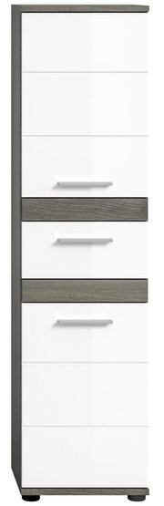 Moderner Standschrank mit weißer Front und grauen Akzenten, frontal abgebildet.