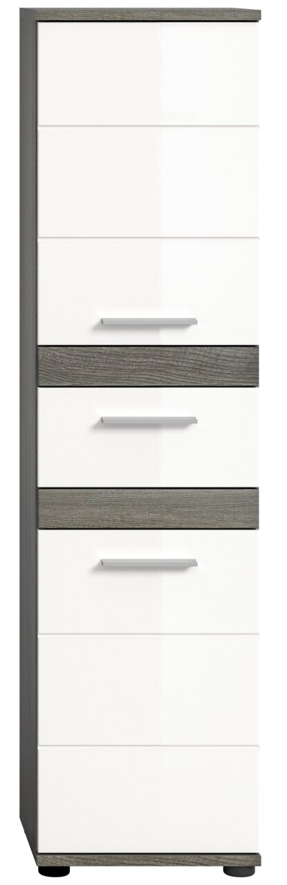 Moderner Standschrank mit weißer Front und grauen Akzenten, frontal abgebildet.