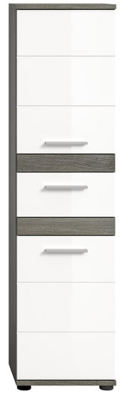 Moderner Standschrank mit weißer Front und grauen Akzenten, frontal abgebildet.
