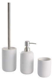 Dreiteiliges Badset in Weiß bestehend aus einer Toilettenbürste, einem Seifenspender und einem Zahnputzbecher, frontal abgebildet.