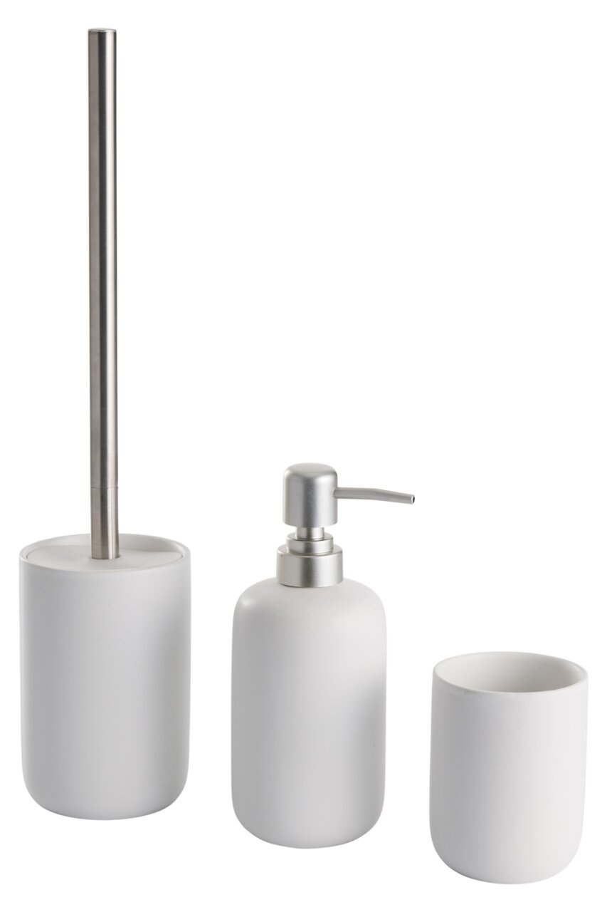 Driedelige badkamerset in wit, bestaande uit een toiletborstel, een zeepdispenser en een tandenborstelbeker, afgebeeld in vooraanzicht.