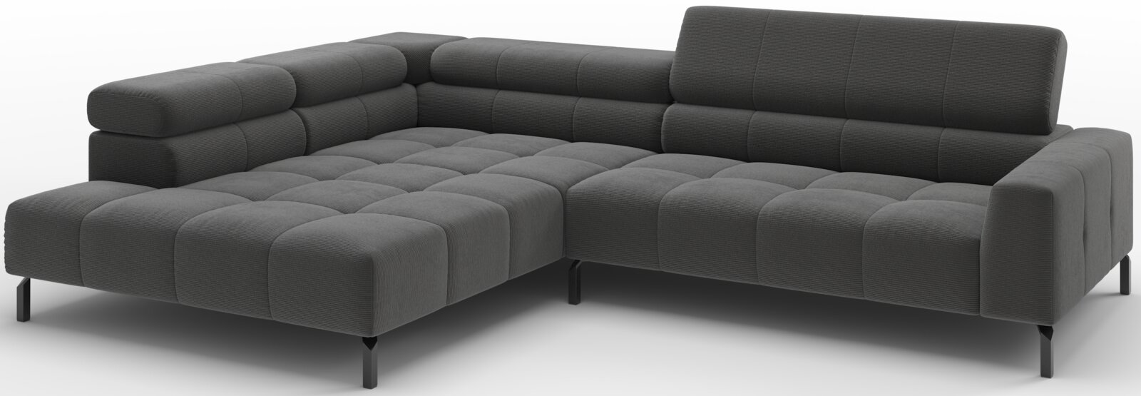 Donkergrijze L-vormige hoekbank met chaise longue links, gecapitonneerde zittingen en rugkussens en zwarte metalen poten, gefotografeerd in schuin vooraanzicht