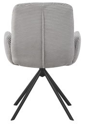 Rückansicht eines grauen Armlehnstuhls mit geripptem Stoffbezug und schwarzem Metallgestell.