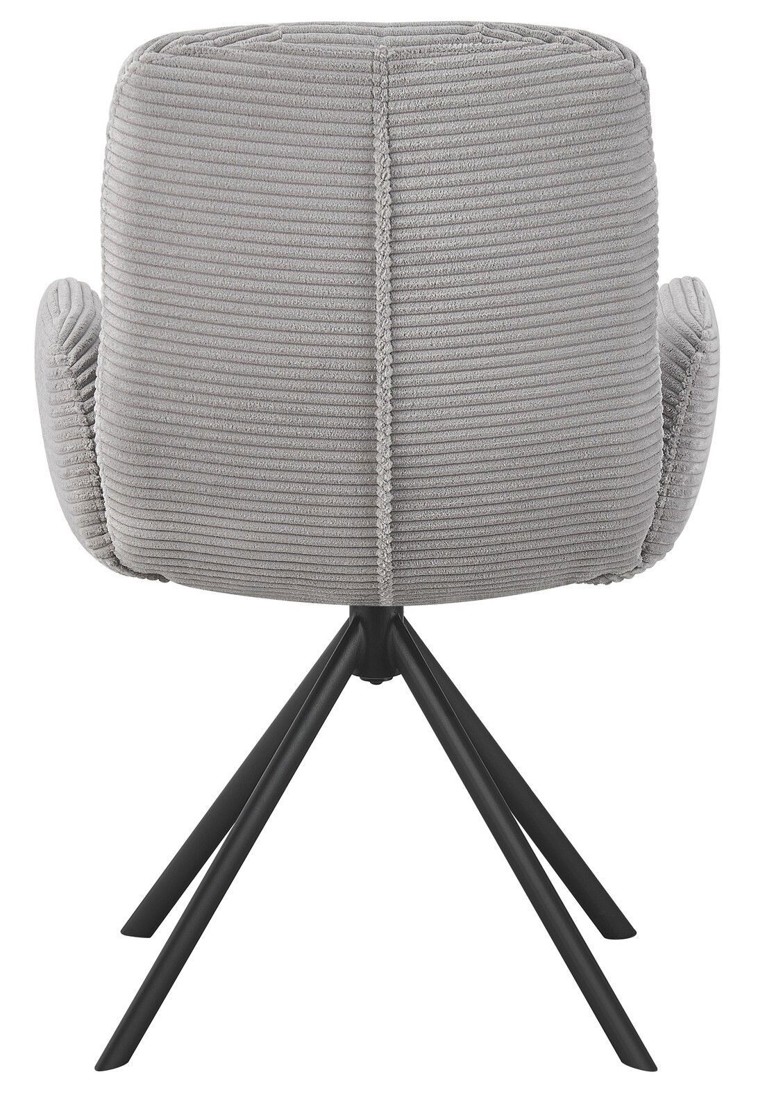 Rückansicht eines grauen Armlehnstuhls mit geripptem Stoffbezug und schwarzem Metallgestell.