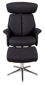 Schwarzer Relaxsessel mit Hocker, Vorderansicht, auf verchromtem Drehfuß