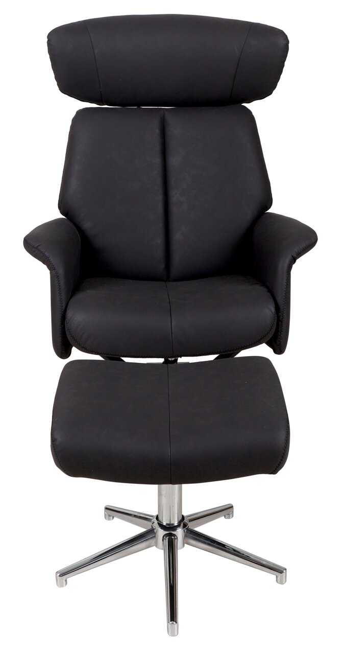 Schwarzer Relaxsessel mit Hocker, Vorderansicht, auf verchromtem Drehfuß