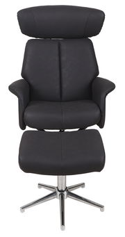 Schwarzer Relaxsessel mit Hocker, Vorderansicht, auf verchromtem Drehfuß