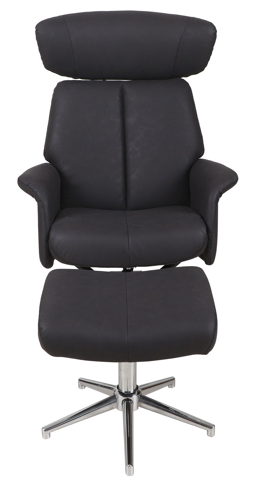 Schwarzer Relaxsessel mit Hocker, Vorderansicht, auf verchromtem Drehfuß