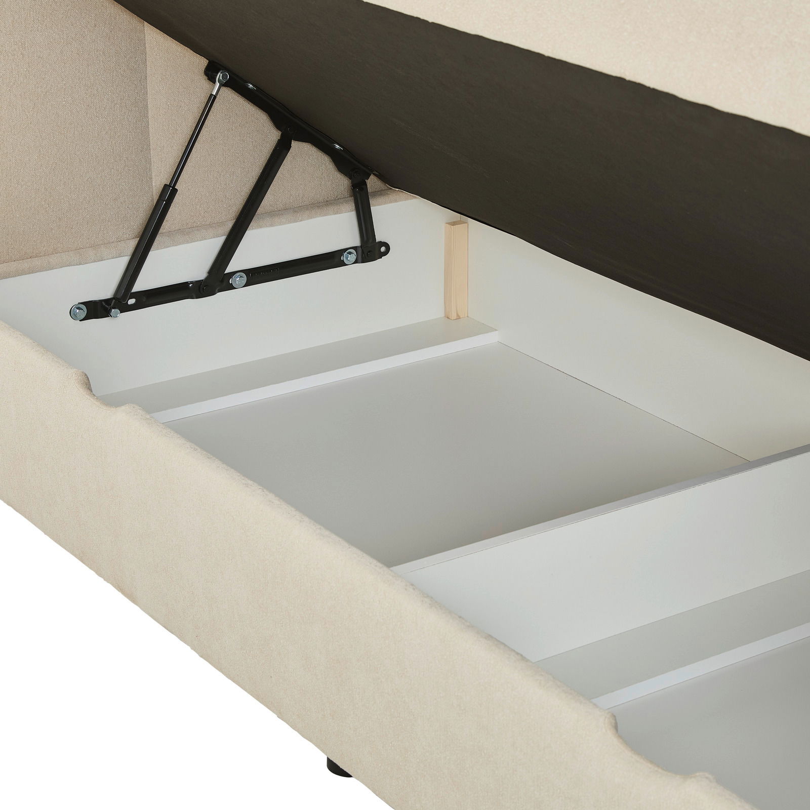 Boxbett mit geöffnetem Stauraum, seitliche Perspektive