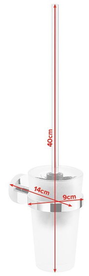 Wandgemonteerde wc-borstelset met houder, zijaanzicht, afmetingen: 40 cm hoog, 14 cm breed, 9 cm diep