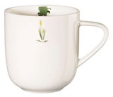 Weiße Tasse mit Krokodil- und Schilf-Design, seitliche Perspektive