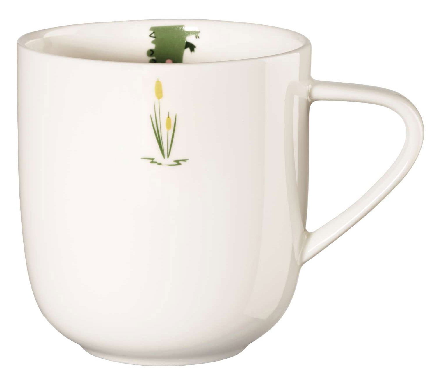 Weiße Tasse mit Krokodil- und Schilf-Design, seitliche Perspektive