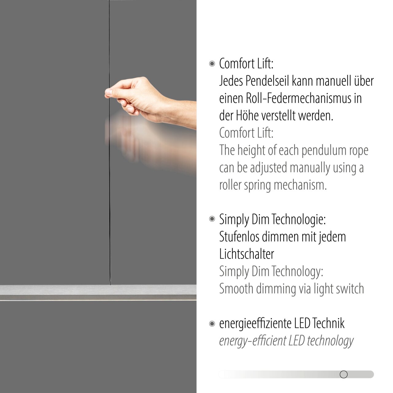 LED-Pendelleuchte mit Comfort Lift und Simply Dim Technologie, seitliche Perspektive