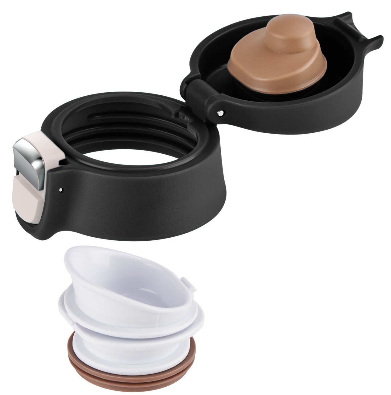 Schwarzer Deckel mit Klappmechanismus und weißem Einsatz, seitliche Perspektive