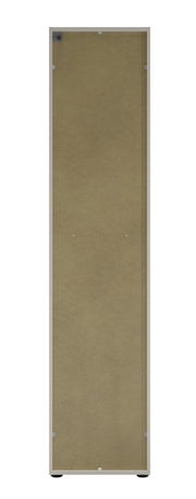 Rückansicht eines hohen Aktenschranks mit Schloss rechts, beige Rückwand, rechteckige Form.