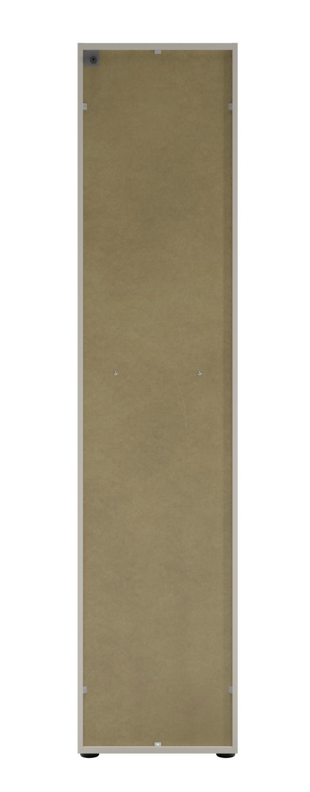 Rückansicht eines hohen Aktenschranks mit Schloss rechts, beige Rückwand, rechteckige Form.