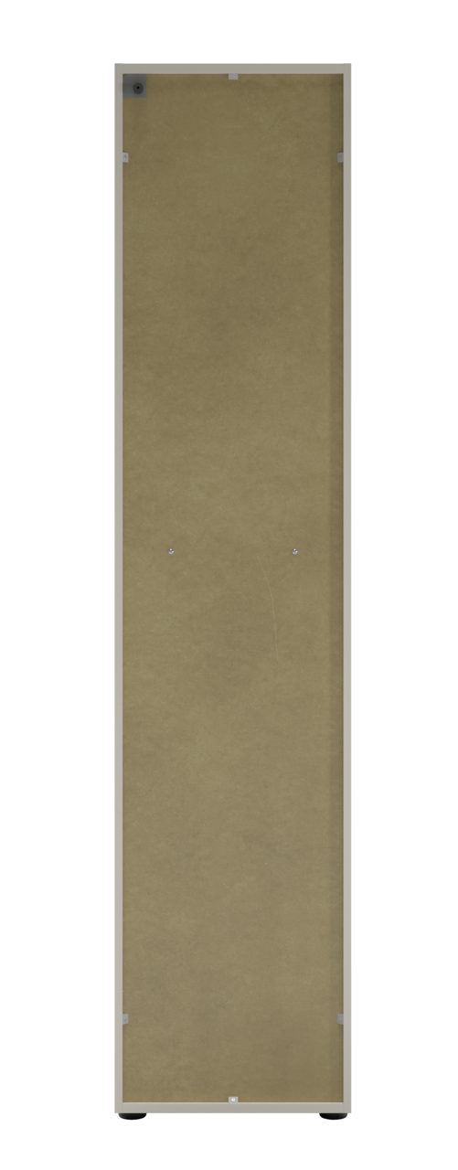 Rückansicht eines hohen Aktenschranks mit Schloss rechts, beige Rückwand, rechteckige Form.