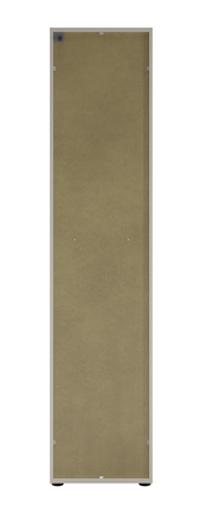 Rückansicht eines hohen Aktenschranks mit Schloss rechts, beige Rückwand, rechteckige Form.