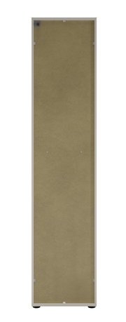 Rückansicht eines hohen Aktenschranks mit Schloss rechts, beige Rückwand, rechteckige Form.