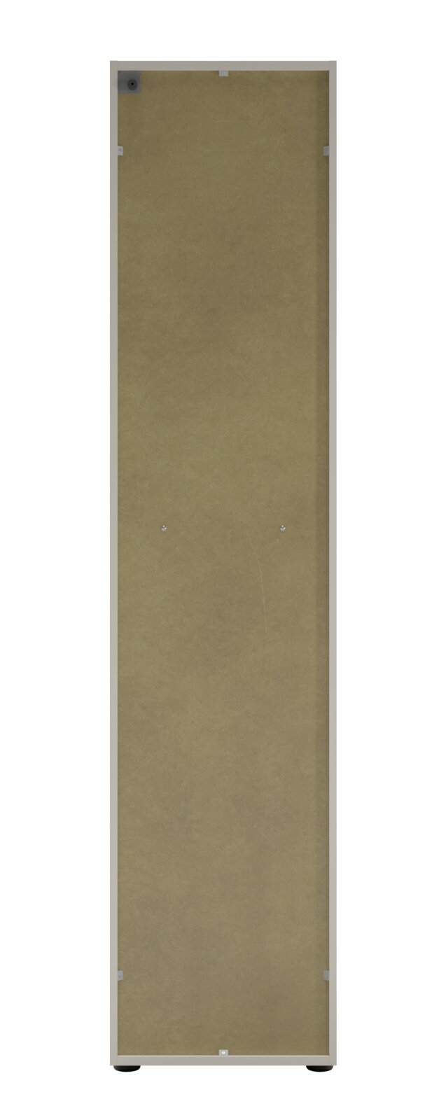 Rückansicht eines hohen Aktenschranks mit Schloss rechts, beige Rückwand, rechteckige Form.