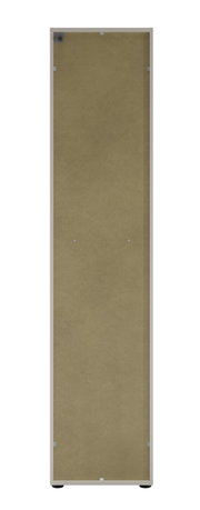 Rückansicht eines hohen Aktenschranks mit Schloss rechts, beige Rückwand, rechteckige Form.