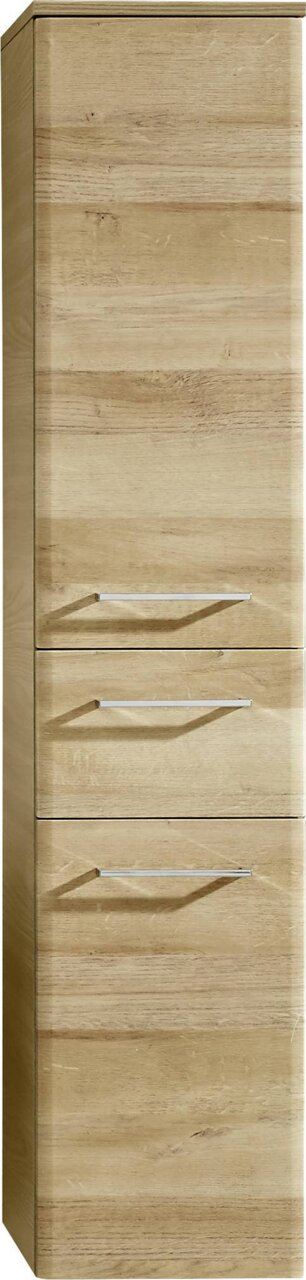 Holzfarbener Midischrank mit drei Schubladen, Frontalansicht