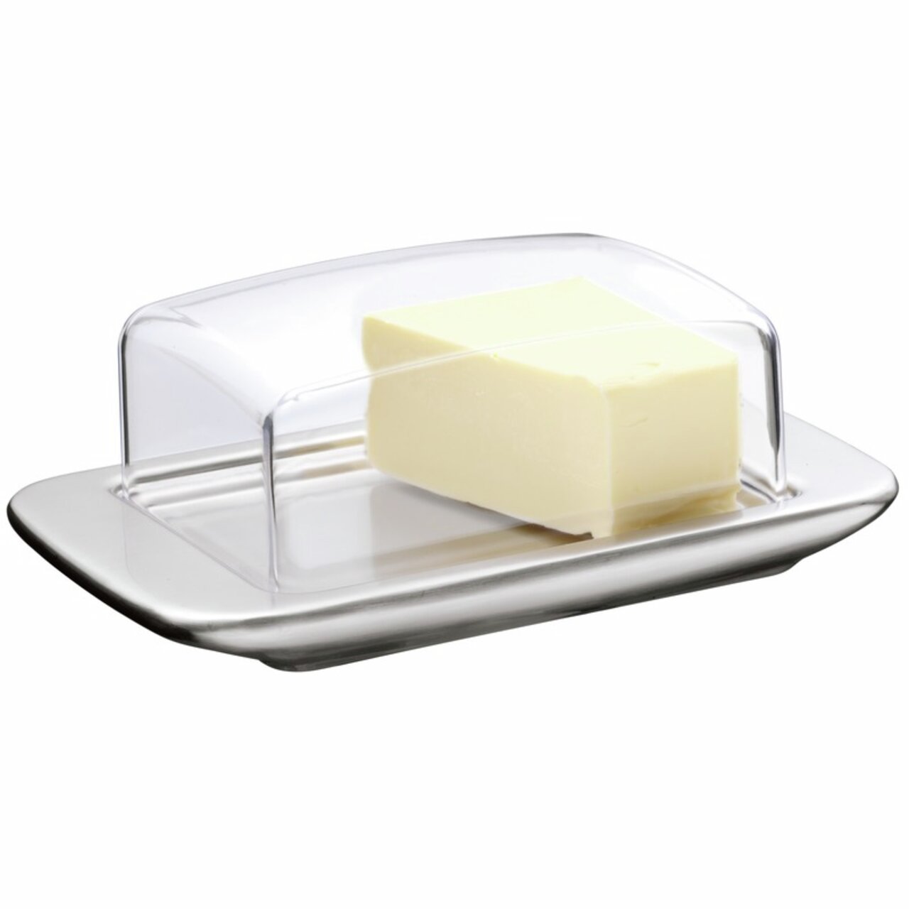 Butterdose LOFT mit transparentem Deckel und Butterstück, seitliche Perspektive