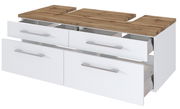 Waschbeckenunterschrank mit vier offenen Schubladen, weiß mit Holzoberfläche, Perspektive von schräg oben