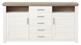 Frontale Ansicht eines modernen Sideboards mit weißer Holzoptik, fünf Schubladen in der Mitte und zwei Türen an den Seiten, mit einer oberen Ablagefläche in Holzoptik.