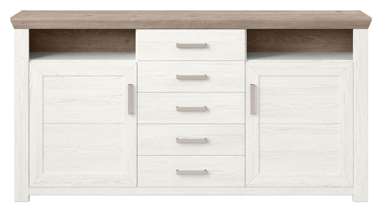 Frontale Ansicht eines modernen Sideboards mit weißer Holzoptik, fünf Schubladen in der Mitte und zwei Türen an den Seiten, mit einer oberen Ablagefläche in Holzoptik.