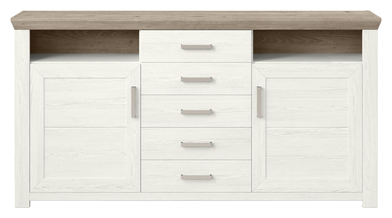 Frontale Ansicht eines modernen Sideboards mit weißer Holzoptik, fünf Schubladen in der Mitte und zwei Türen an den Seiten, mit einer oberen Ablagefläche in Holzoptik.