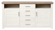 Frontale Ansicht eines modernen Sideboards mit weißer Holzoptik, fünf Schubladen in der Mitte und zwei Türen an den Seiten, mit einer oberen Ablagefläche in Holzoptik.