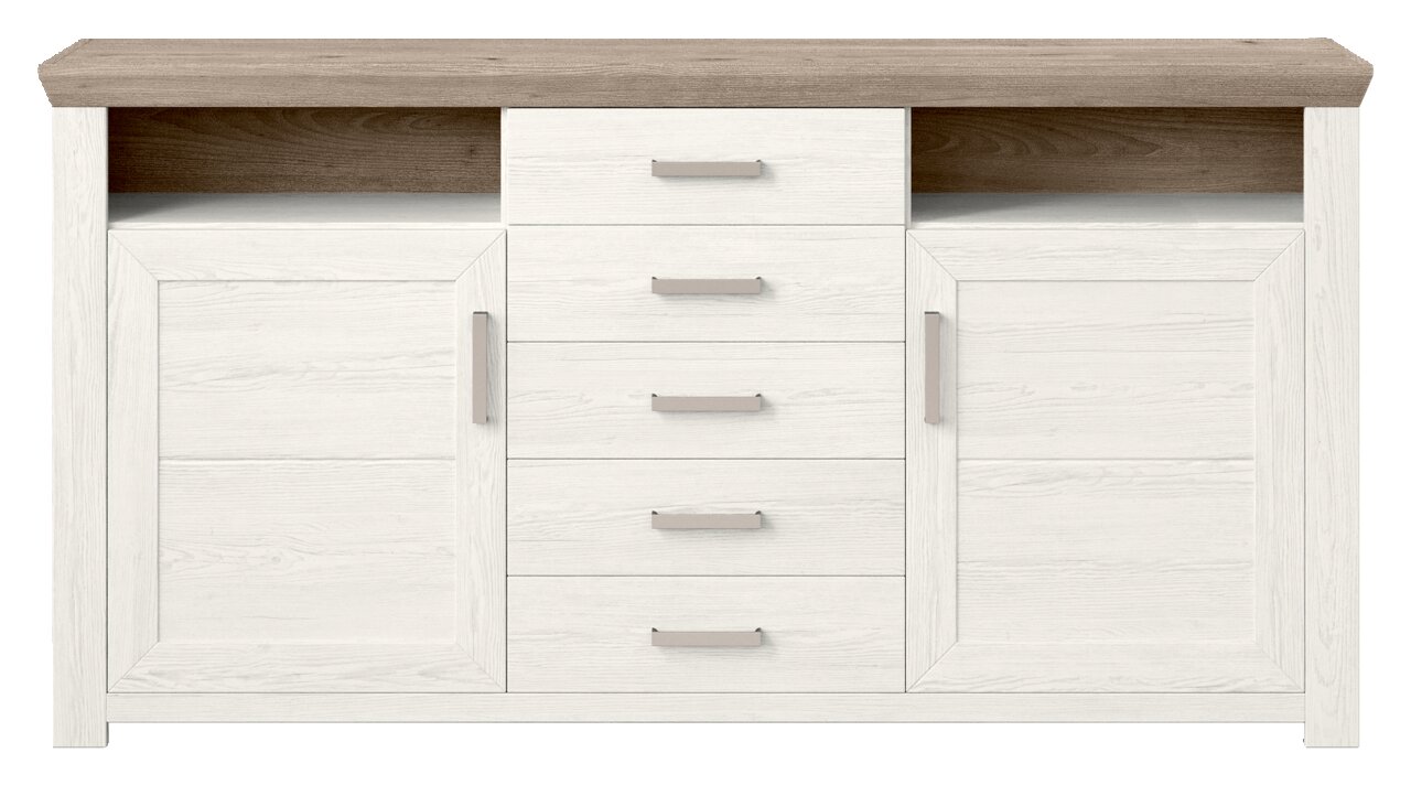 Frontale Ansicht eines modernen Sideboards mit weißer Holzoptik, fünf Schubladen in der Mitte und zwei Türen an den Seiten, mit einer oberen Ablagefläche in Holzoptik.
