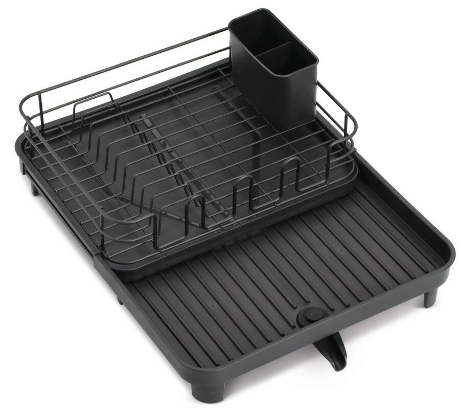 Schwarzer Geschirrabtropfständer mit Besteckhalter, seitliche Perspektive