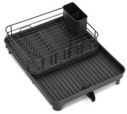 Schwarzer Geschirrabtropfständer mit Besteckhalter, seitliche Perspektive