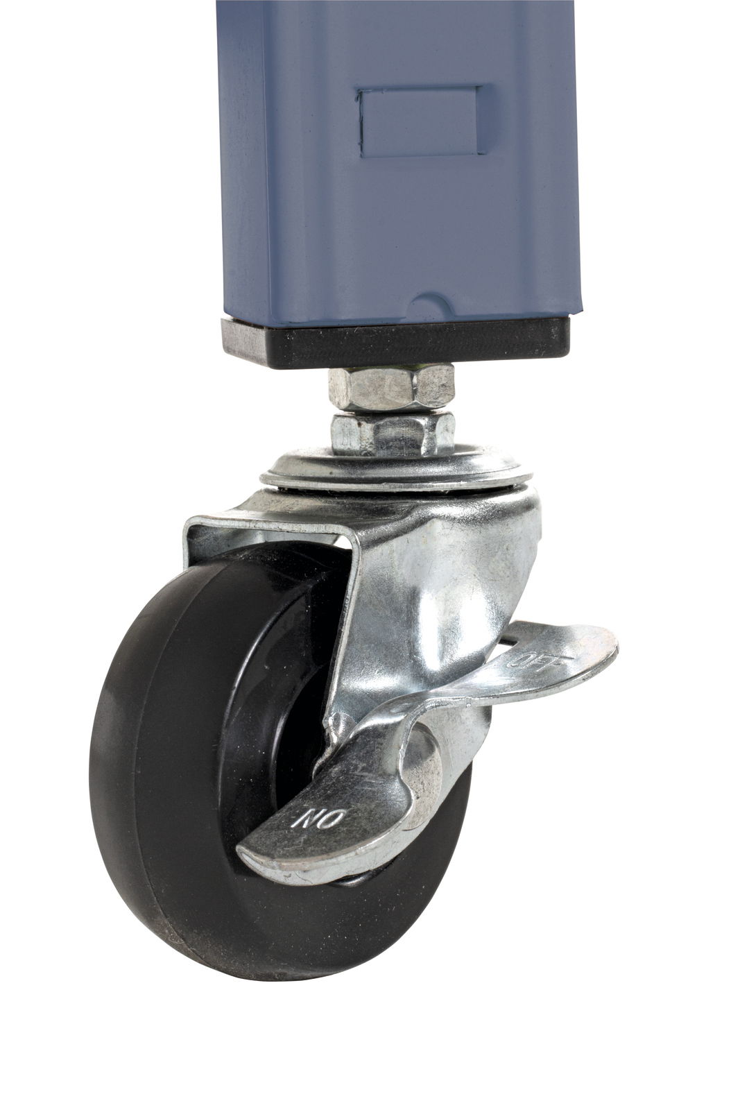 Nahaufnahme eines Rades mit Bremse an einem Servierwagen, seitliche Perspektive