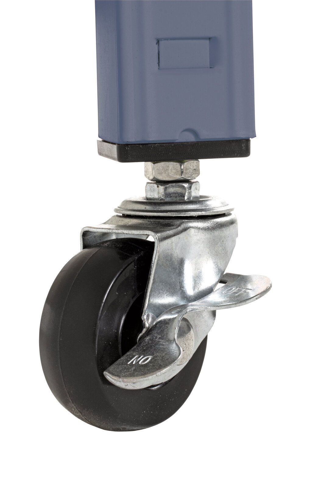 Nahaufnahme eines Rades mit Bremse an einem Servierwagen, seitliche Perspektive