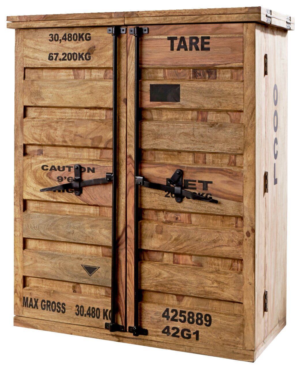 Houten kast in containerstijl met metalen beslag, zijaanzicht