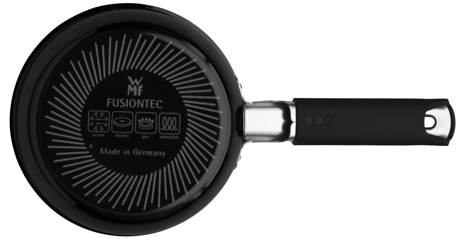 Topf aus der Vogelperspektive mit WMF Fusiontec Boden, geeignet für Ceran, Elektro, Gas und Induktion, Made in Germany