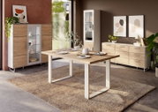 Moderner Esstisch aus Holz mit weißen Metallbeinen, umgeben von stilvollen Möbeln in einem hellen, gemütlichen Raum. Perspektive: seitlich.