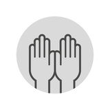 Symbolische Darstellung von zwei erhobenen Händen in einer grauen Kreisfläche, frontal betrachtet.
