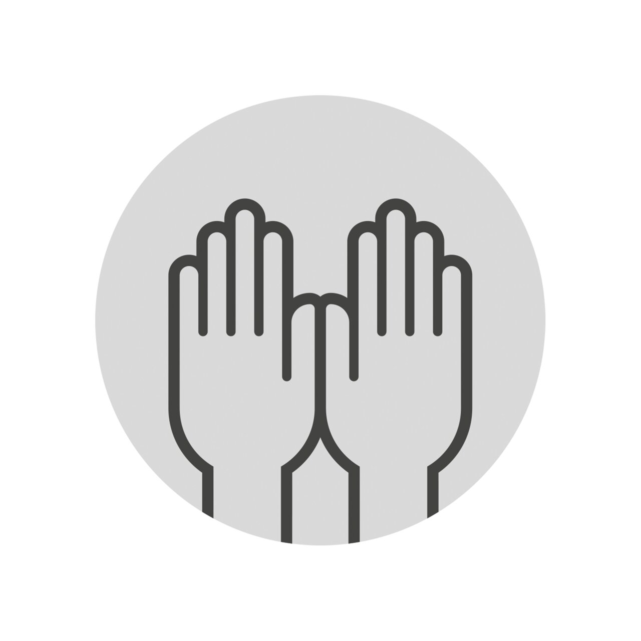 Symbolische Darstellung von zwei erhobenen Händen in einer grauen Kreisfläche, frontal betrachtet.