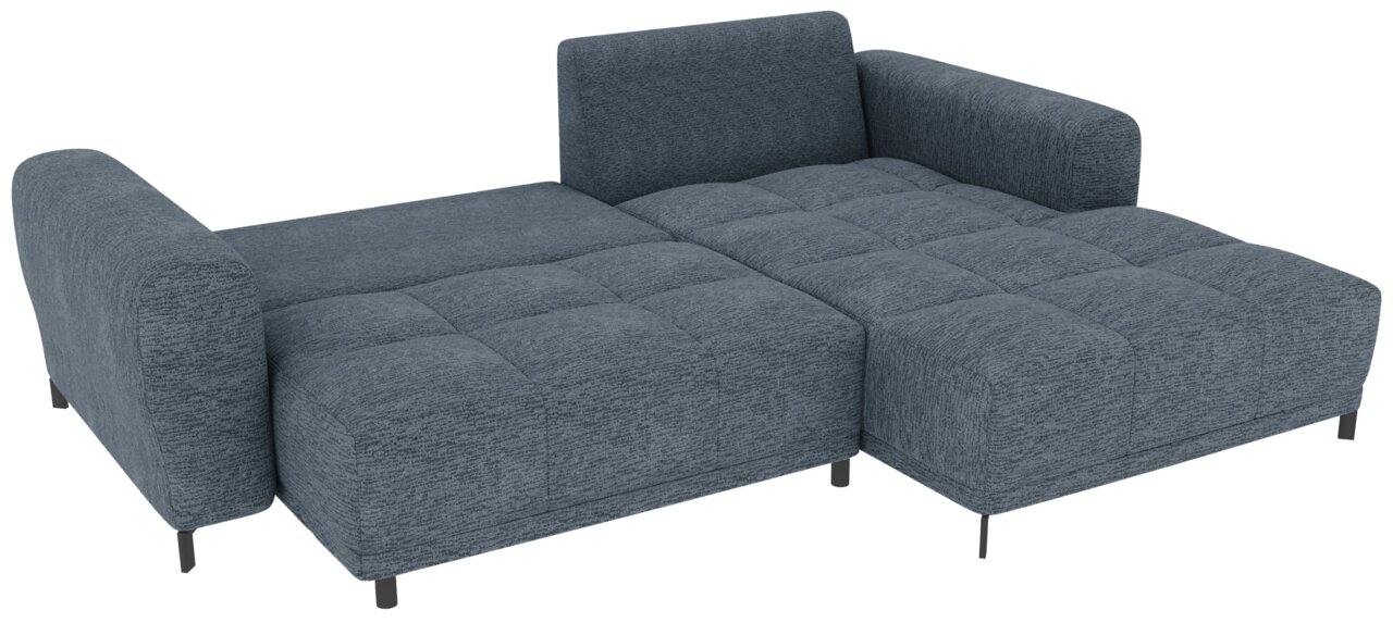 Blaues, gepolstertes Ecksofa mit breiter Ottomane/Longchair, gesteppter Sitzfläche, zwei Armlehnen und schwarzen Füßen, Ansicht schräg von vorne