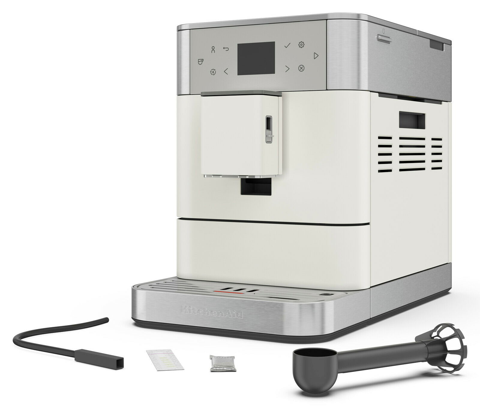 Kaffeevollautomat in seitlicher Perspektive mit Zubehör, darunter ein Schlauch, ein Messlöffel und ein Filter.